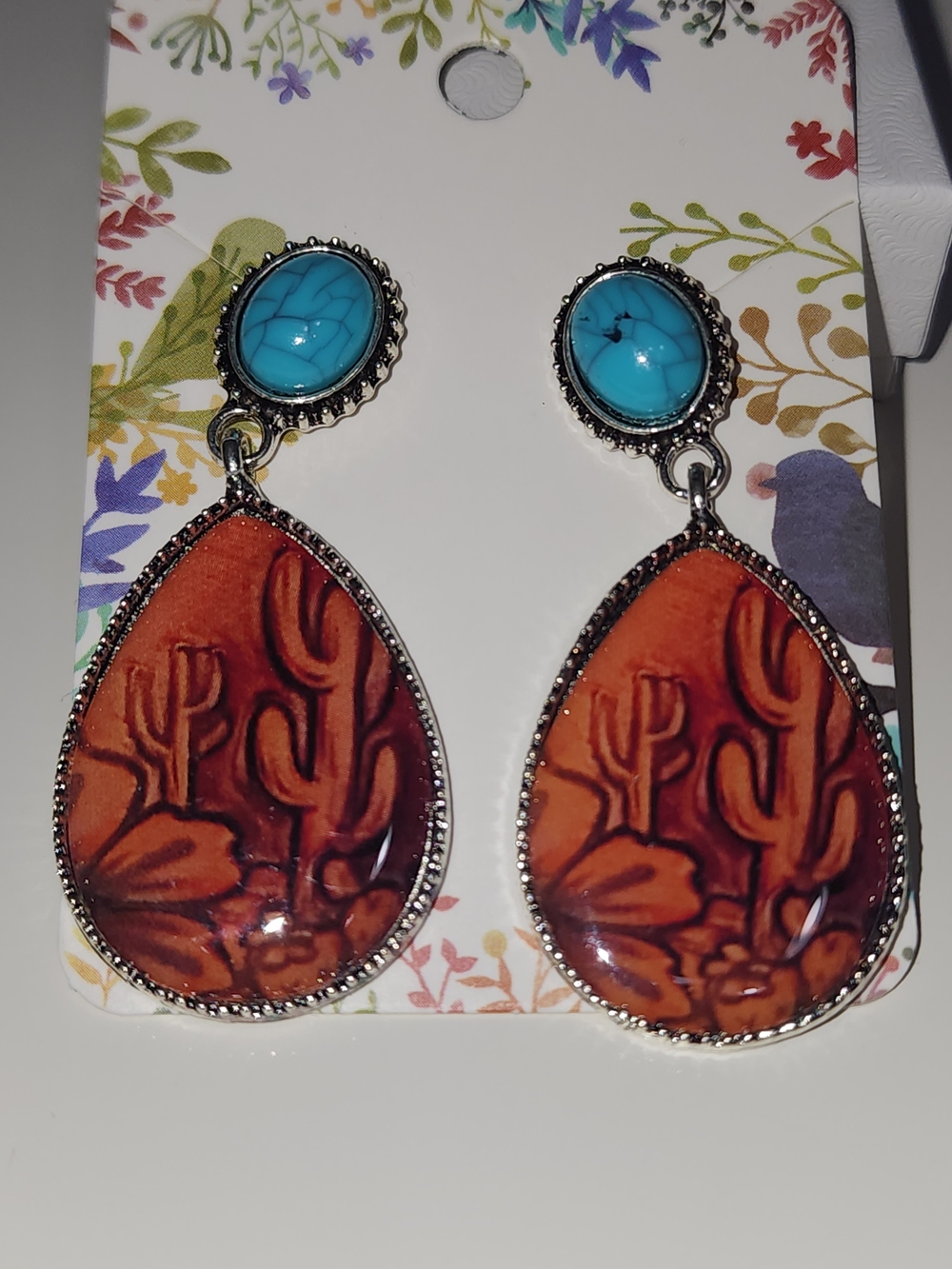 Western Turquoise Stud & Burnt Orange Teardrop Western Earrings